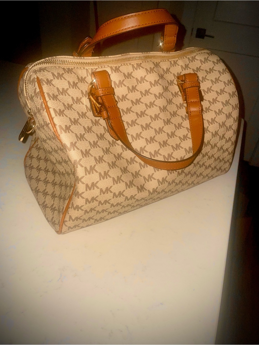 NWT Michael Kors Boston Bag Signature MK Monogram Tan Leather Trim